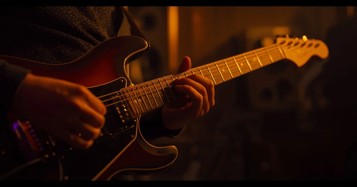 Guitarist practicing with backing tracks on screen