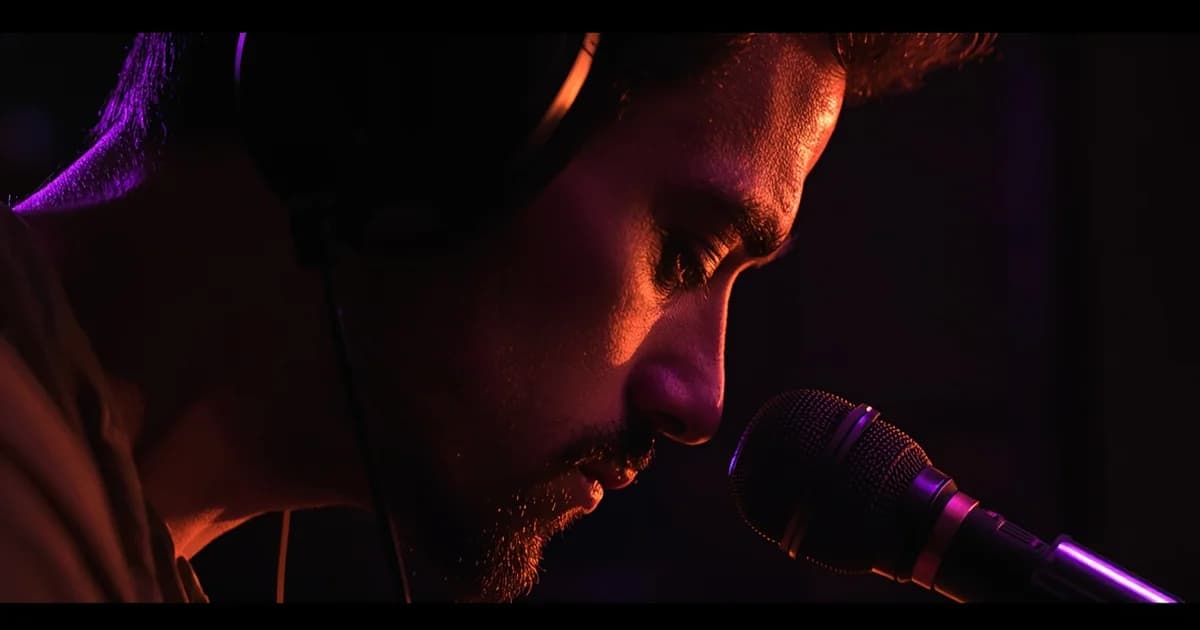 Musician listening intently with headphones in a dark studio